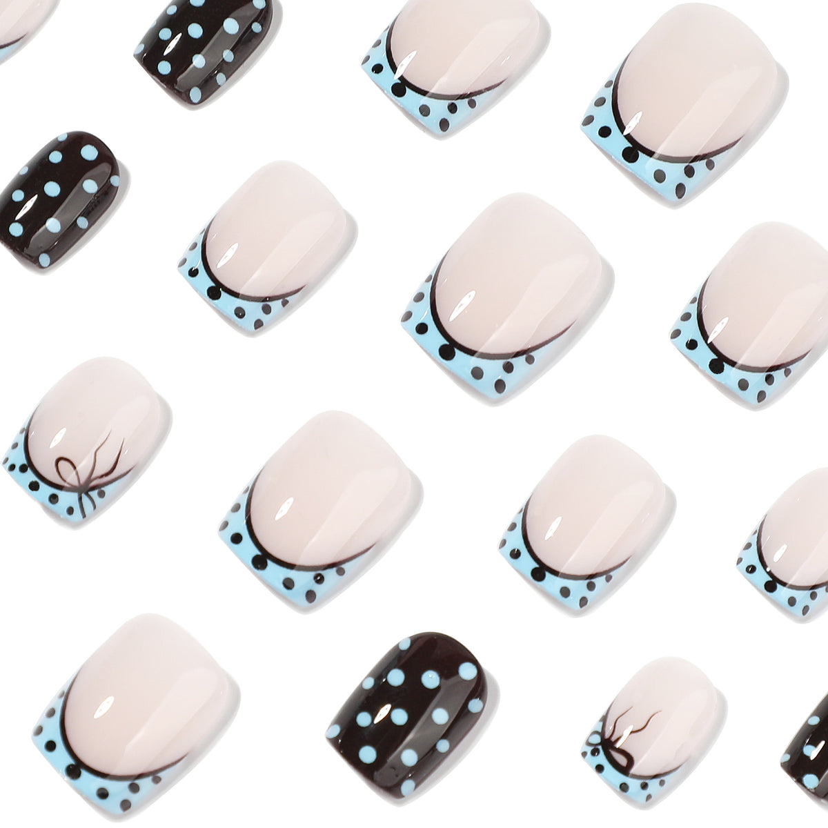 Close-up of black polka dot and blue french tip square press-on nails on white background
