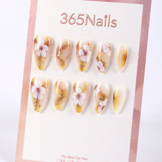 365Nails Honey Tea Long Almond Press-On Nails with Hand-Painted Blossoms and Gold Flecks