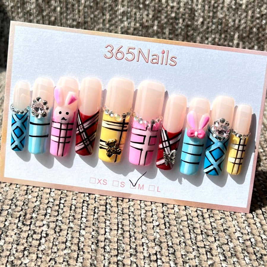 365nails: "Bunny Plaid Pop" – 3D Character & Plaid Handmade Coffin Nails