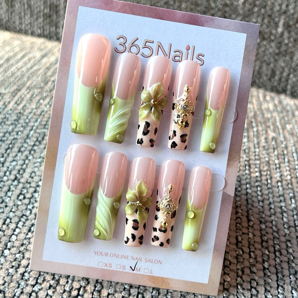 Citrus Safari - Lime Leopard Floral Press-On Nails