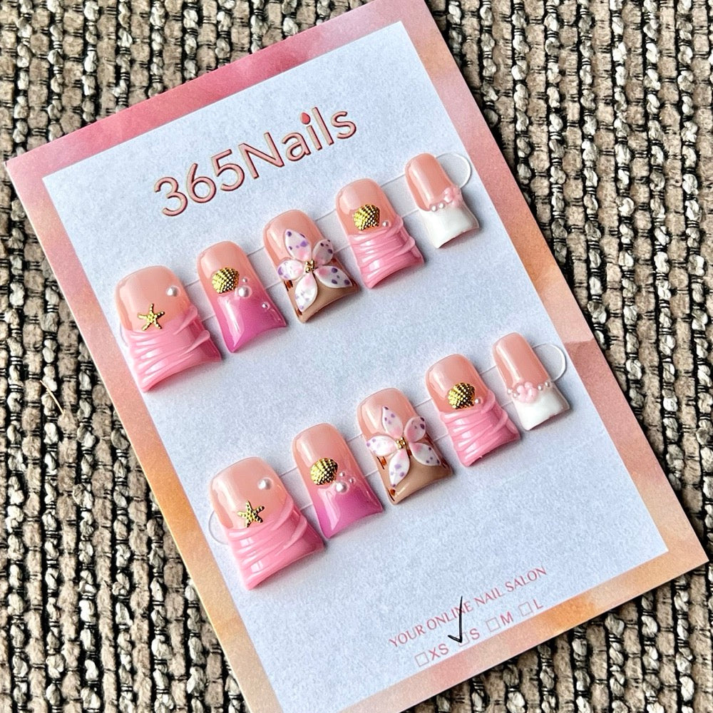 365nails: "Pink Summer Starfish Shell Short" – Handmade Short Trapezoid Press-On Nails