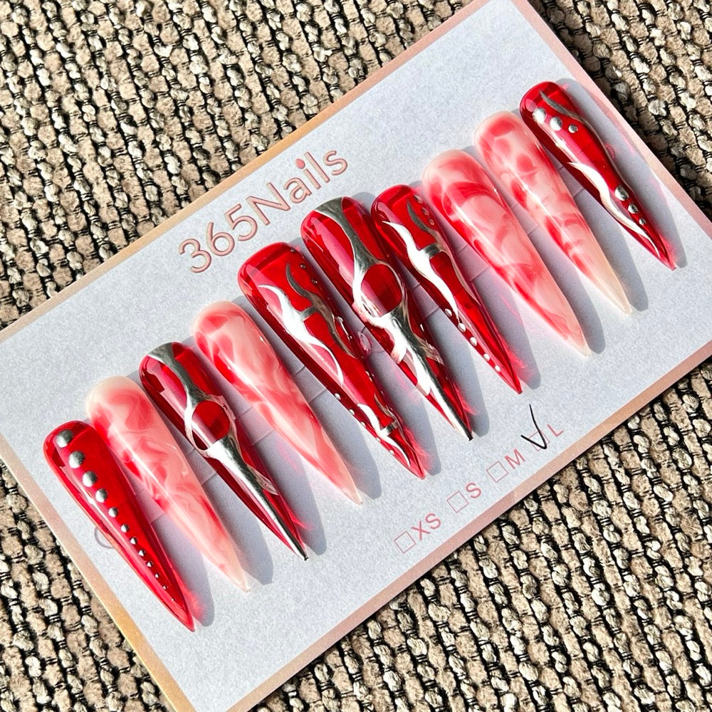 365nails 수제 롱 스틸레토형 프레스온 네일 — 레드·핑크·실버 플레임