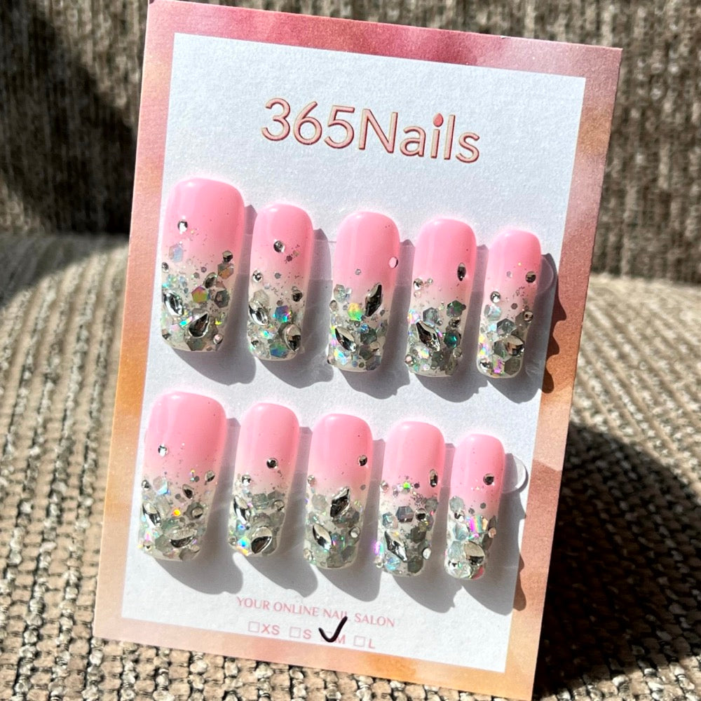365nails: "Glittering Dream" – Chunky Silver Glitter & Pink French Tip Handmade Square Nails