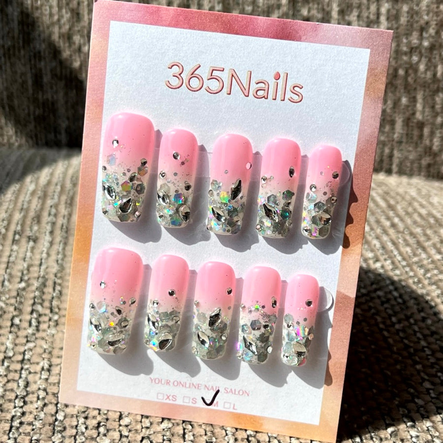365nails: "Glittering Dream" – Chunky Silver Glitter & Pink French Tip Handmade Square Nails