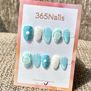 365nails: "Sky Bloom Glitter" – 3D Flower Handmade Short Oval Press-On Nails