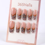 365Nails Milk-Tea Nude x Caramel Ombre with Zebra Tips, Silver Cross Charm and Rhinestone Accents Long Coffin Press-On Nails