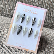 Black and Silver Stiletto Press-On Nails with Graphic & Metallic Details