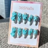Sculpted Flora: "Tiffany Blue Breeze" – 3D Sky Blue Flowers with Pearls on White French Tip Almond Nails