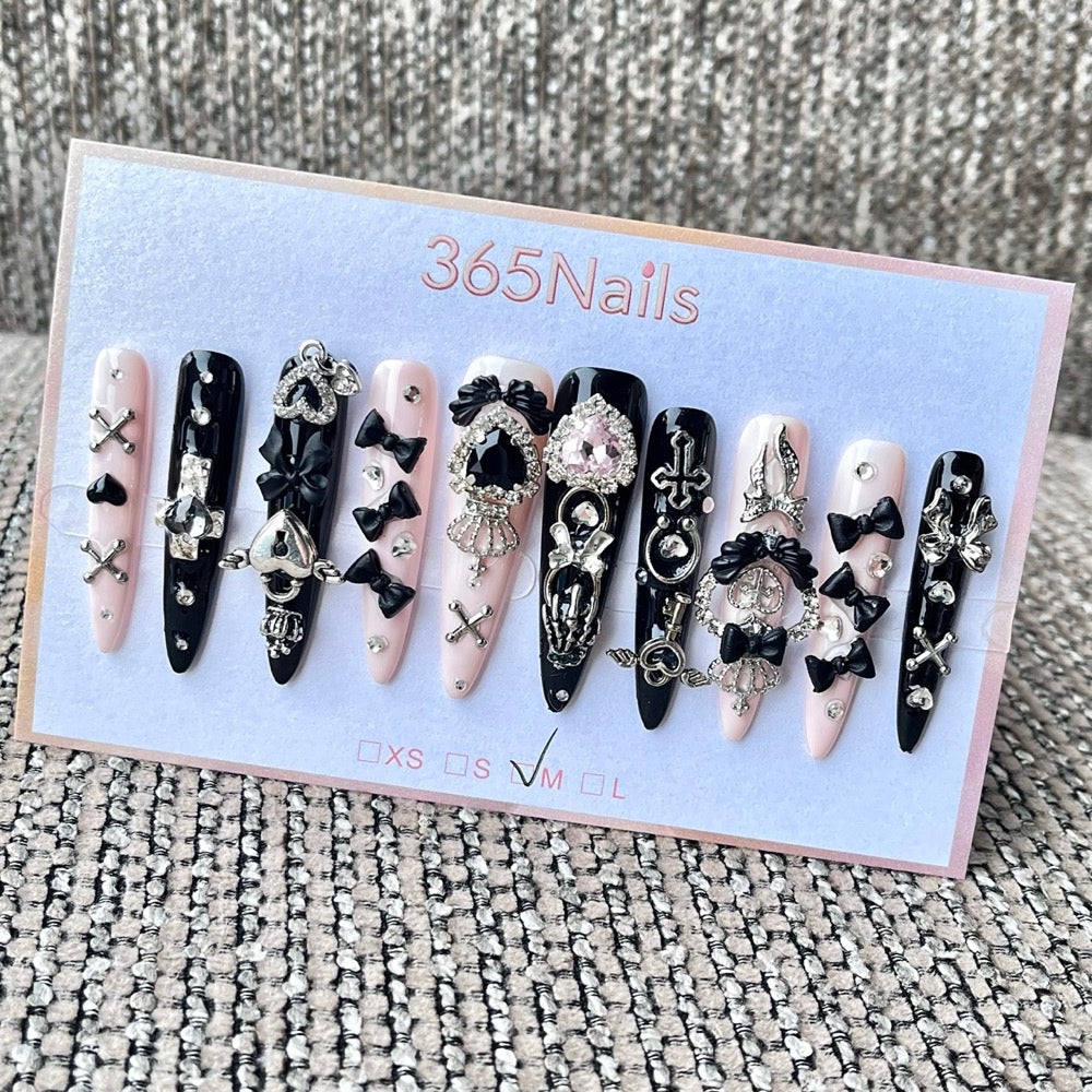 365nails: "Gothic Black Bow Heart Cross Rhinestone Metal" – Dark Sweet 3D Charm Handmade Long Stiletto