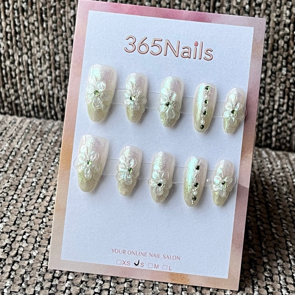 Iridescent White 3D Floral Press-On Nails | Short Almond
