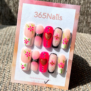 365nails — « Rosée Tropicale » : ongles press-on faits main, forme coffin, motif floral 3D & cœur
