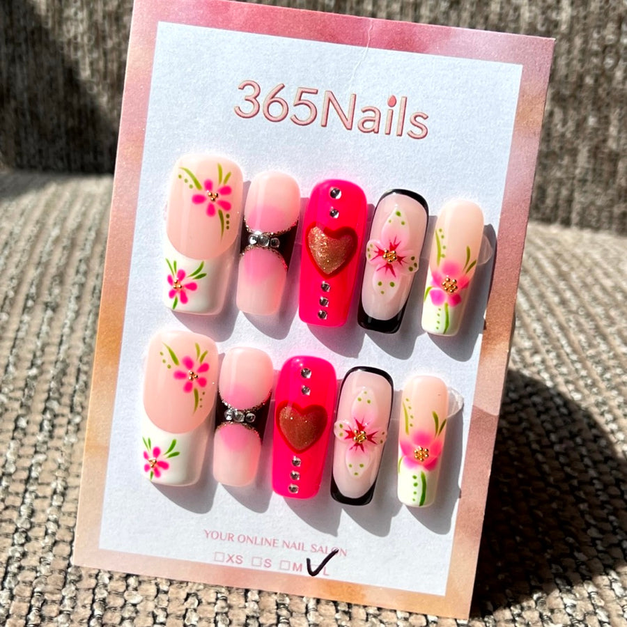 365nails: "Tropical Blush" – 3D Floral & Heart Handmade Coffin Nails