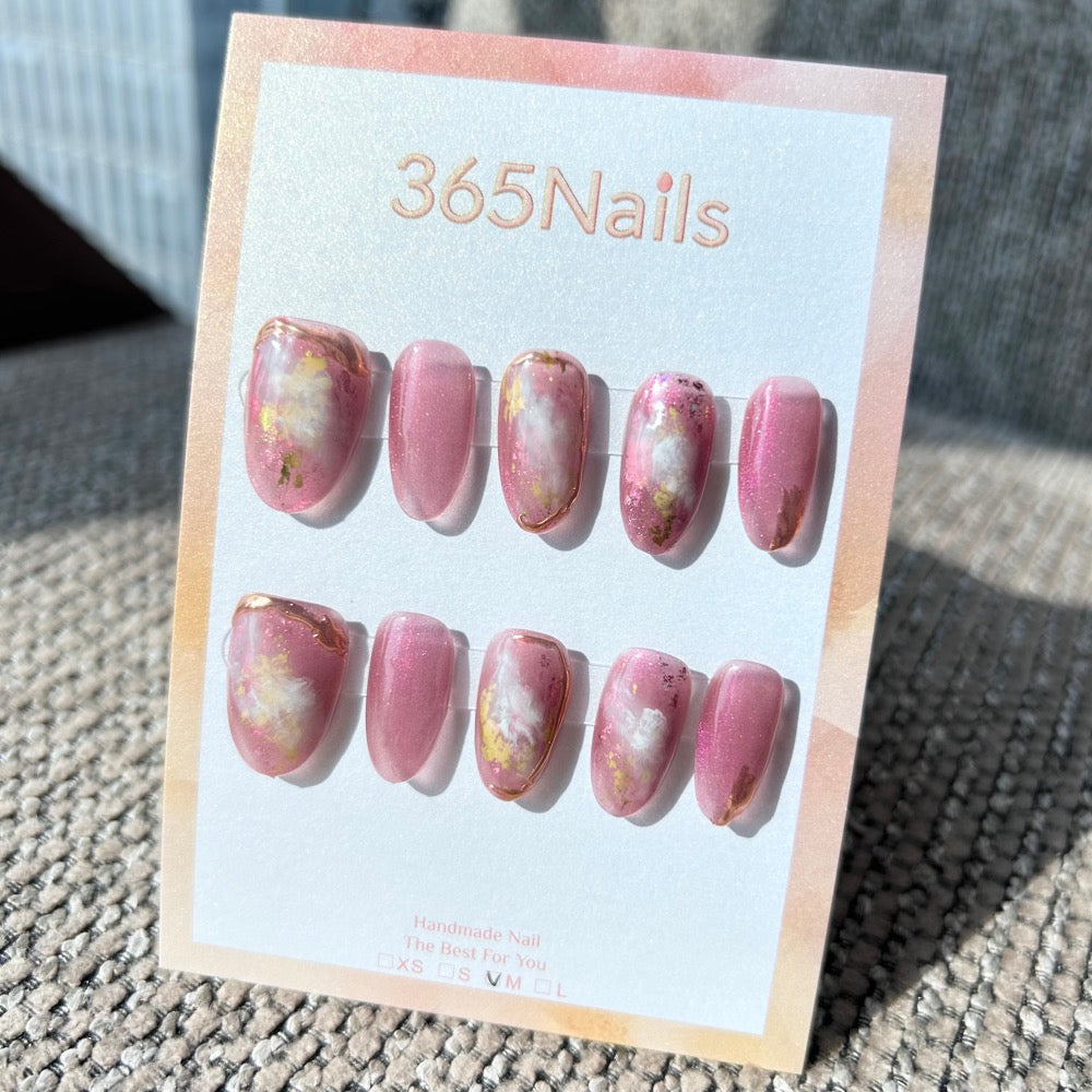 Ethereal Ink: "Rose Quartz Dream" – Dusty Rose Cat Eye & Cloud Marble with Gold Foil & 3D Gold Edge Oval Nails