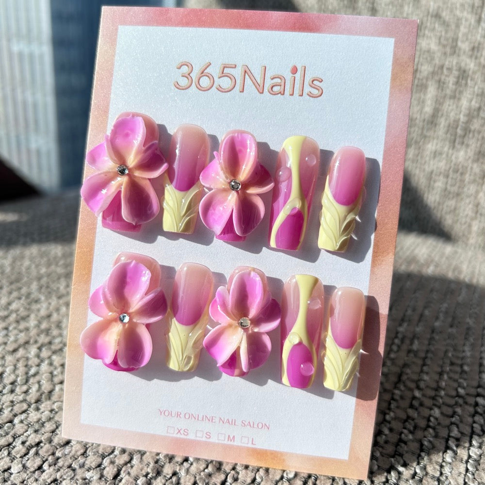 Sculpted Flora: "Orchid Lemonade" – 3D Pink & Yellow Gradient Flower with Abstract Swirls Coffin Nails