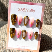 365nails: "Golden Hour Diva" – 3D Metal & Ombré Handmade Almond Nails