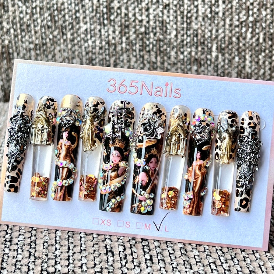 365nails: "Leopard Goddess Glam" – Handmade Liquid Motion Press-On Long Pipe Nails-5.5cm