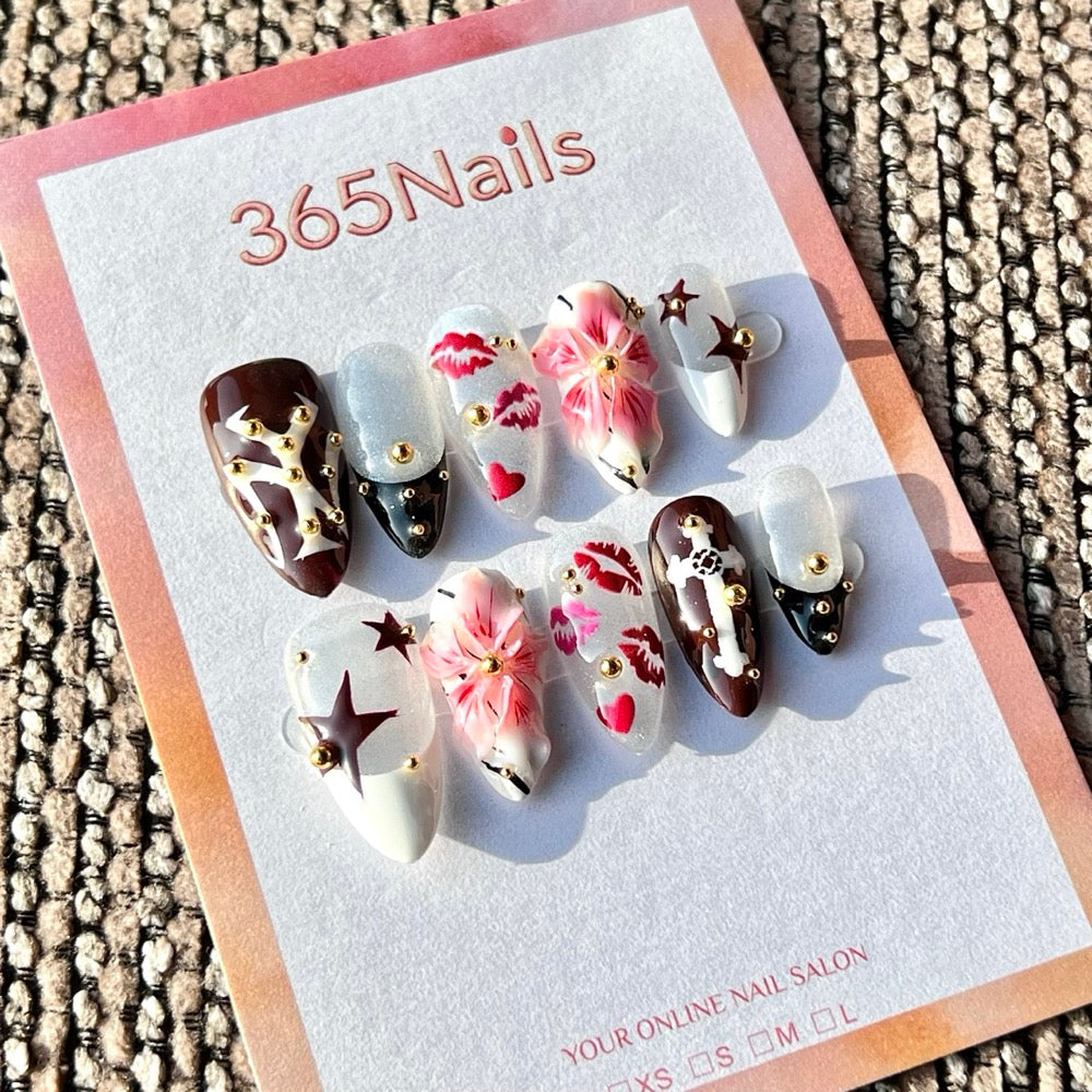 365nails: "Y2K Grunge Cross & Flower" – Handmade Medium Almond Press-On Nails