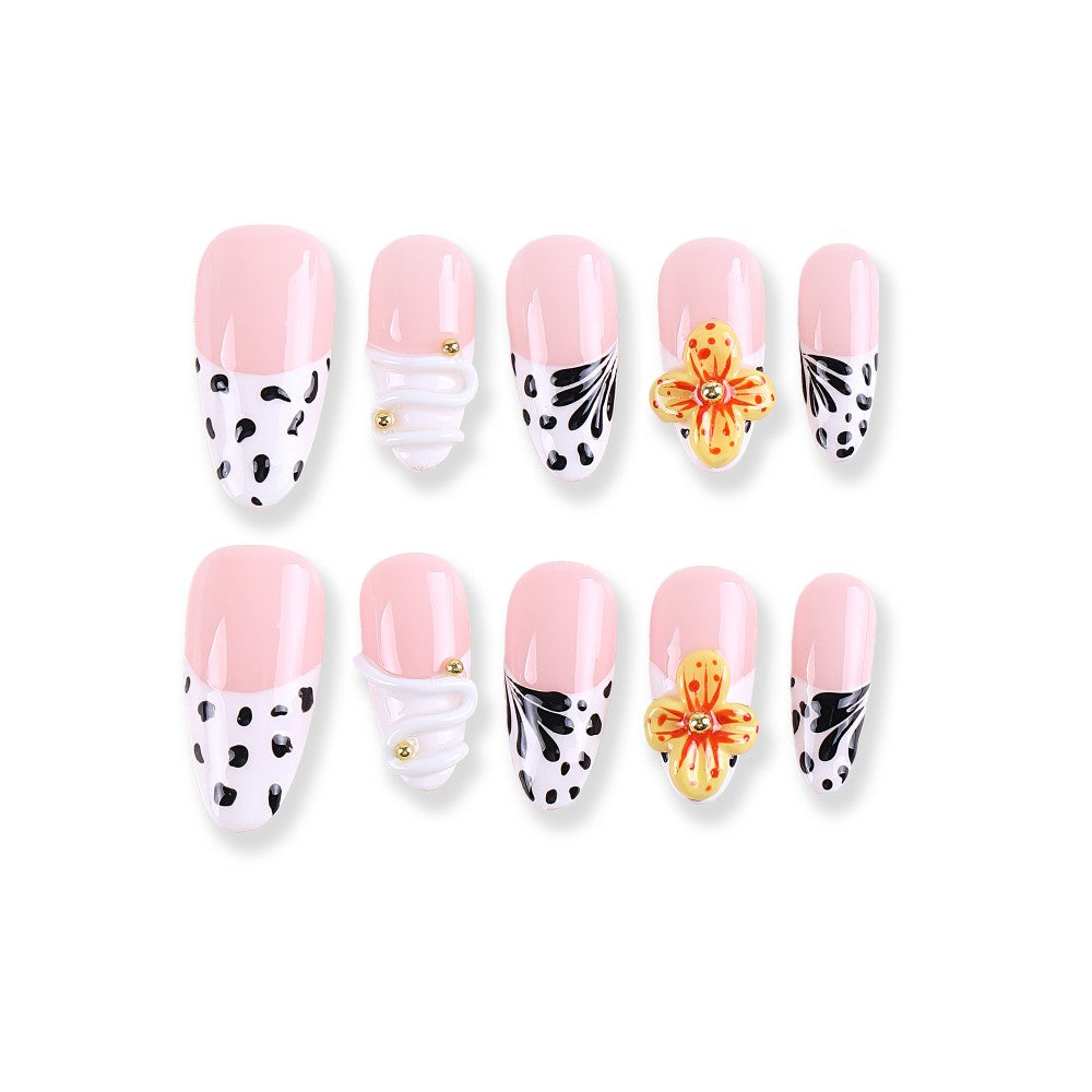 Pink White Black Yellow Press-On Nails with Floral and Dot Design