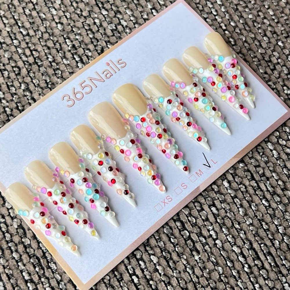 365nails: "Candy Rain" – 멀티 컬러 콘페티 & 진주 수제 스틸레토형 네일