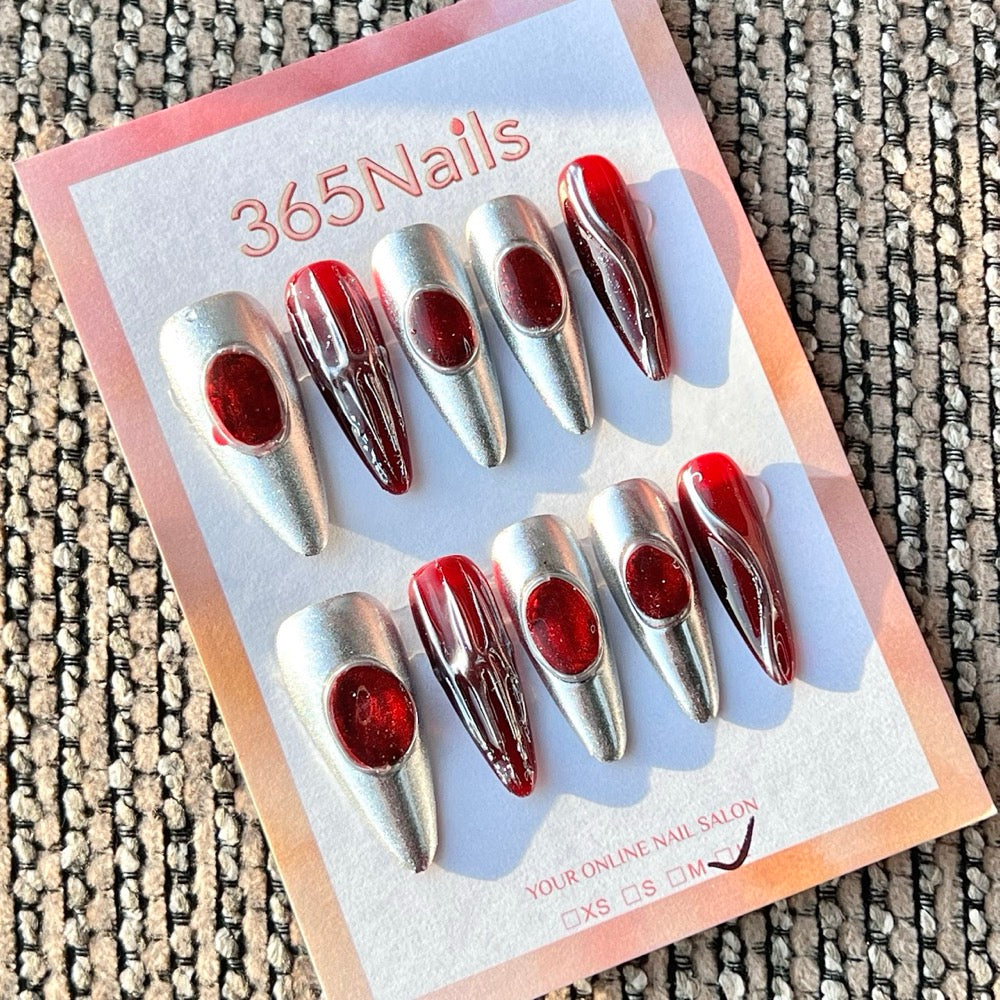 365nails: 실버 레드 3D 미디엄 수제 스틸레토형 프레스온 네일