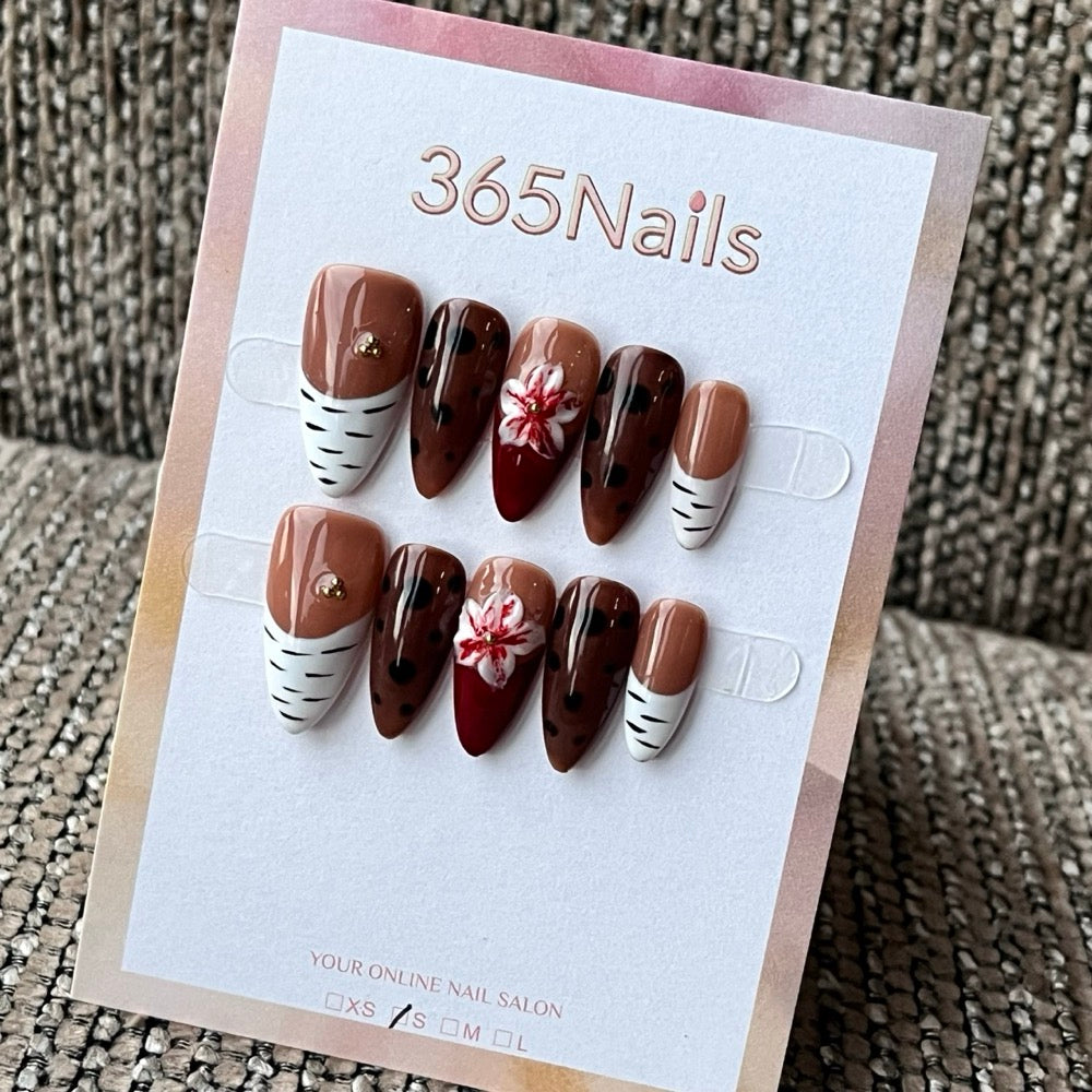 Brown Floral Graphic Squoval Press-On Nails