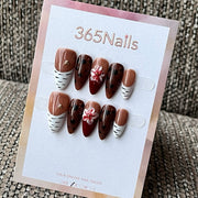 Brown Floral Graphic Squoval Press-On Nails