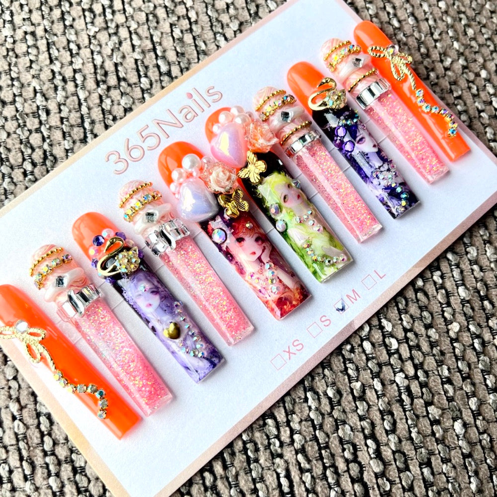 365nails: "Citrus Bloom" – Unhas Postiças Artesanais 3D com Flores, Formato Caixão - 5,5cm