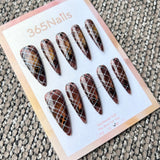 Femme Fatale: "Amber Argyle" – Glossy Brown Tortoiseshell Plaid with White Grid Lines Long Stiletto Nails