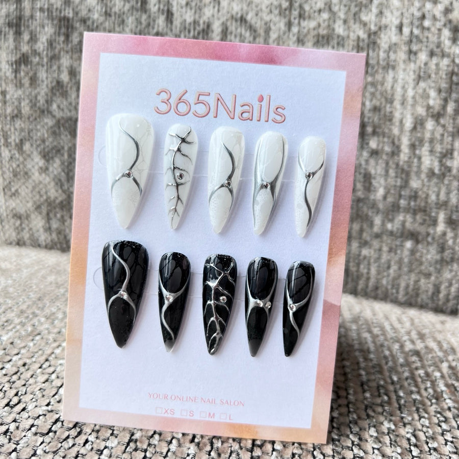 Cosmic Fatale: "Yin-Yang Thorn Vein" – Long Sharp Stiletto Handmade Press On Nails