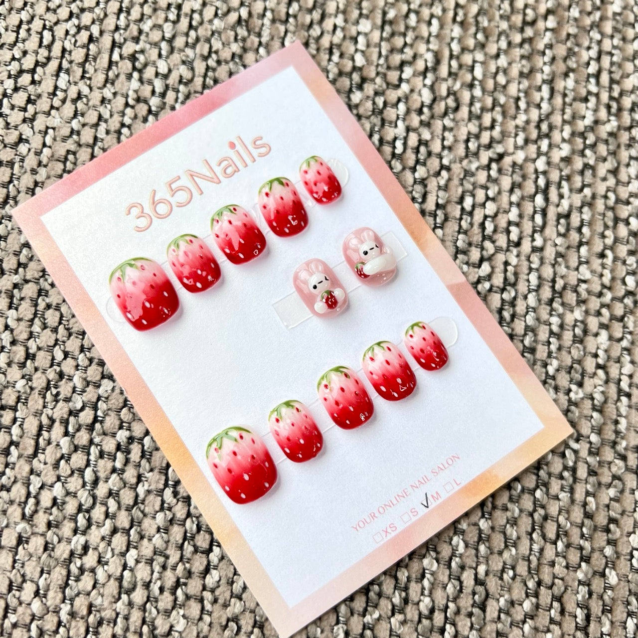 365Nails: "Strawberry Bunny Jam" – handmade press-on nails (Candy Series/Cute Kawaii Style)