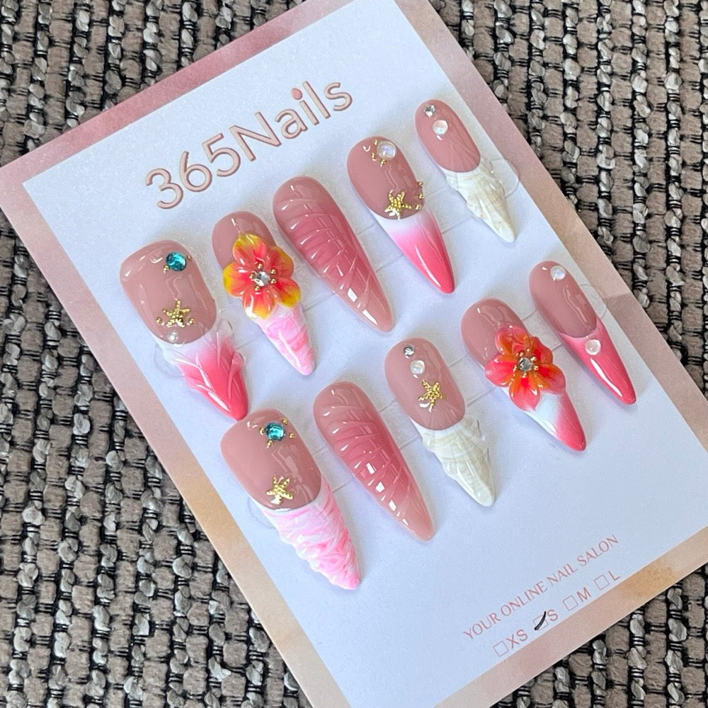 Tropical Gem Tide - Pink 3D Floral Press-On Nails