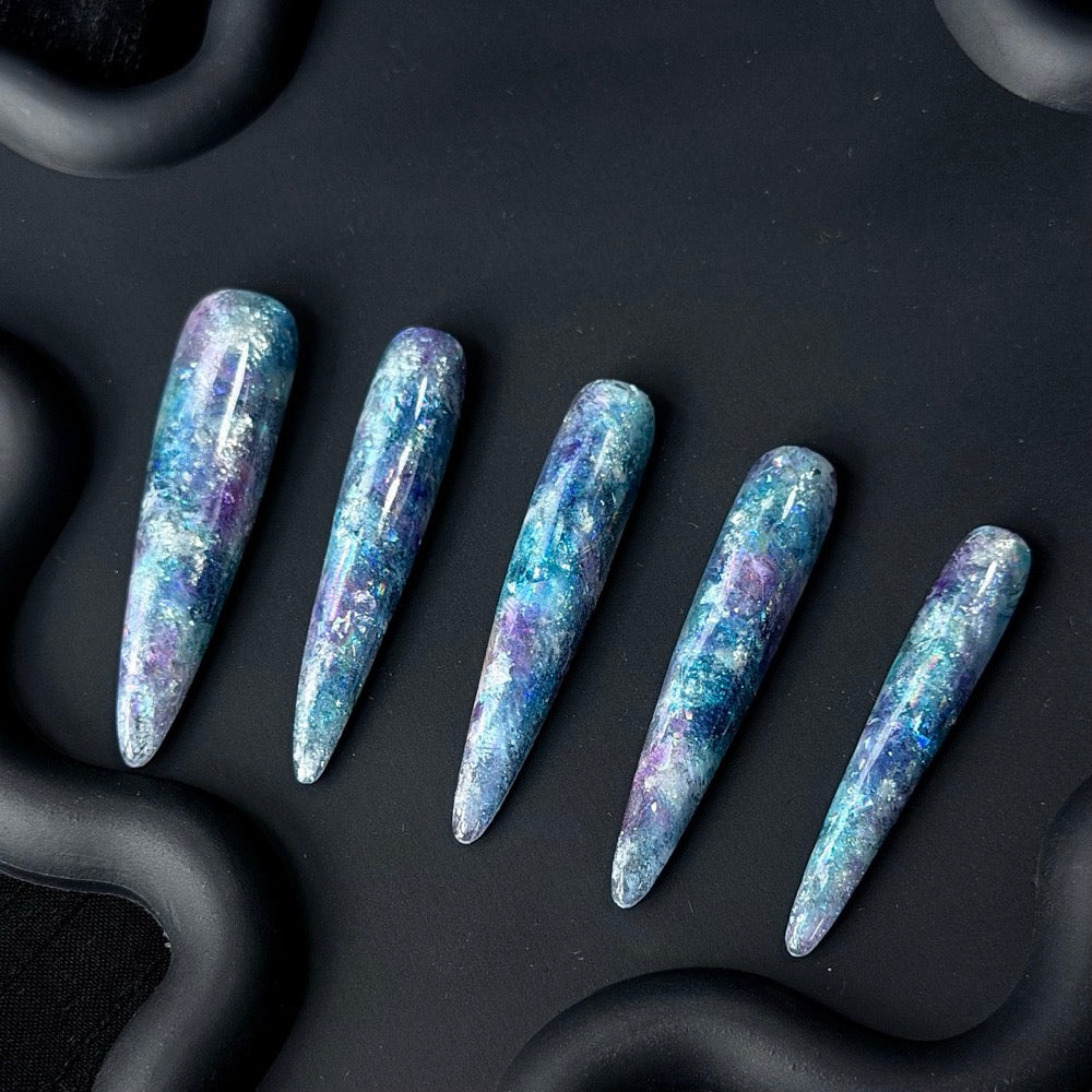 Long Stiletto Galaxy Press-On Nails in Blue Purple