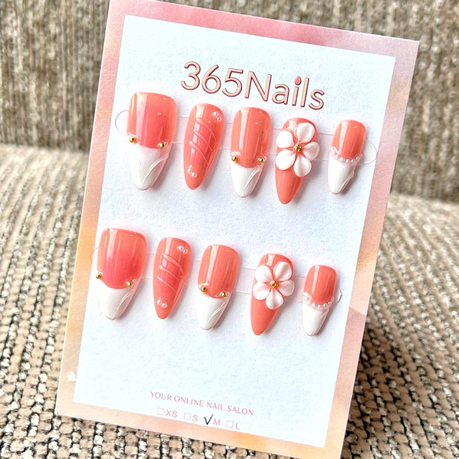 "Peach White French Floral Pearl" - Wholesale Ultra-Soft Flexible Fit Handmade Nails (MOQ=100)