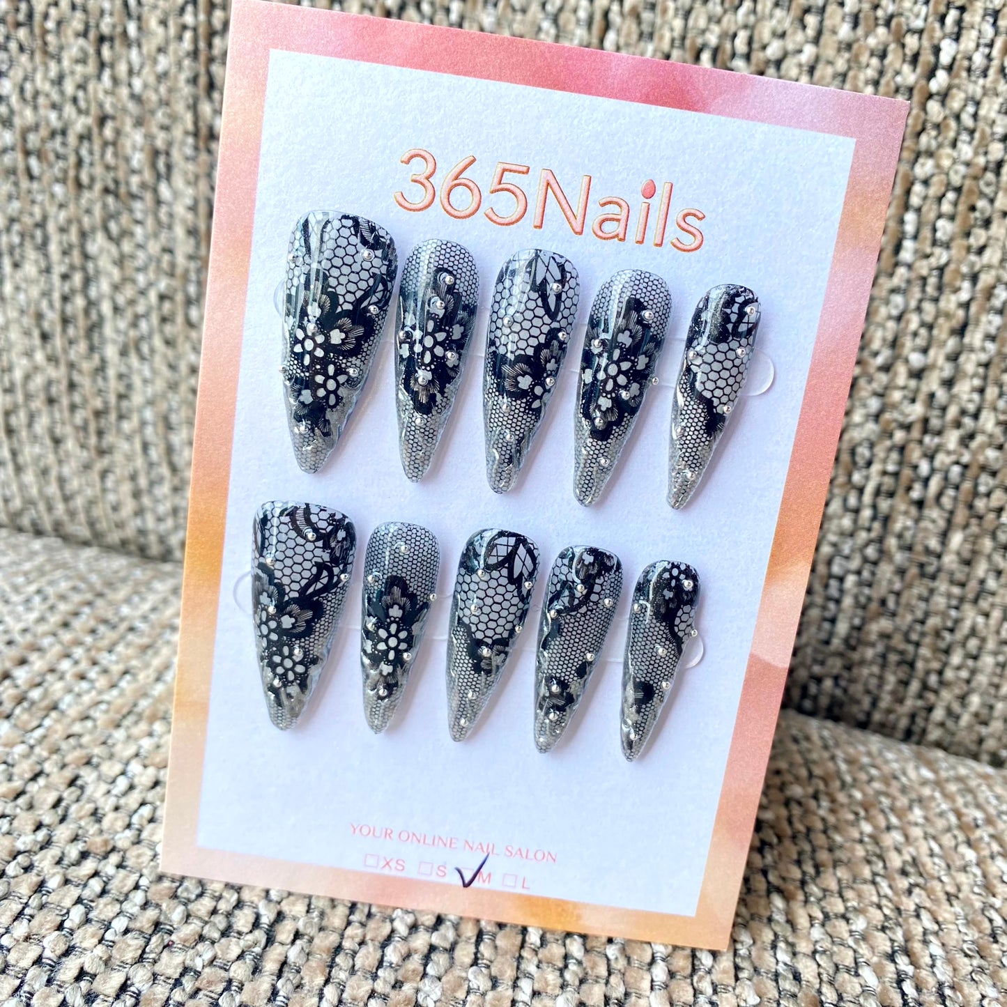 365Nails "Lace Noir Sparkle" – Rhinestone Lace Embellished Long Stiletto Nails