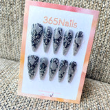 365Nails "Lace Noir Sparkle" – Rhinestone Lace Embellished Long Stiletto Nails