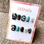 365nails: "Noir Symphony" – 3D 플라워 & 추상 마블 수제 숏 스퀘어형 프레스온 네일