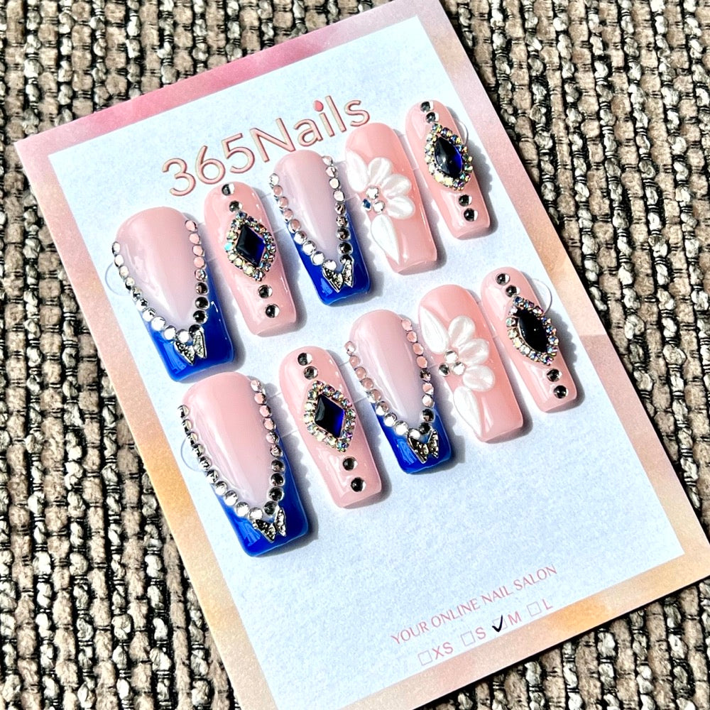 365nails: "Sapphire French Bloom" – Handmade Medium Square Press-On Nails