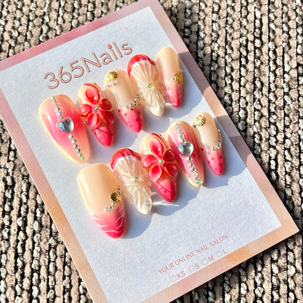 365nails: "Coral Beach Shell" – Handmade Medium Almond Press-On Nails