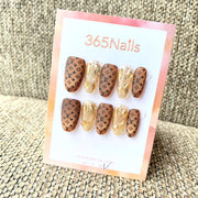 Luxury Logo 365nails: "Matte Brown Monogram" – 3D Gold Chrome & Glitter Handmade Oval Nails