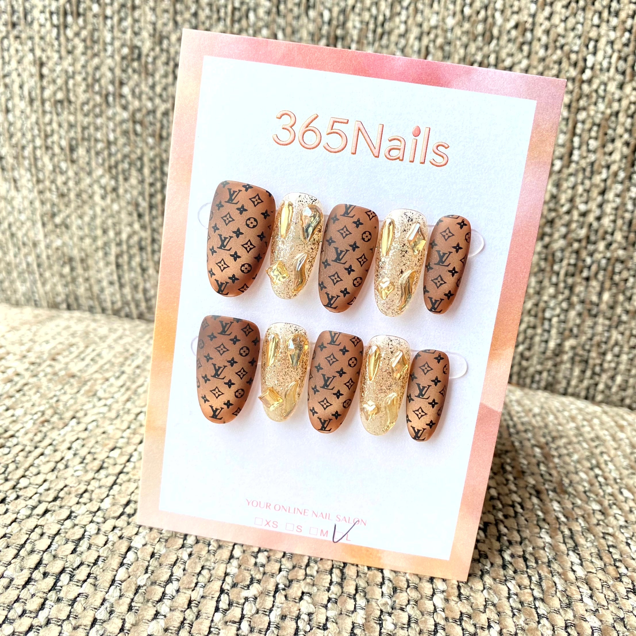 Luxury Logo 365nails: "Matte Brown Monogram" – 3D Gold Chrome & Glitter Handmade Oval Nails