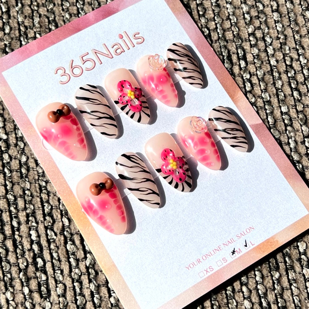 365nails: "Wild Bloom" – 3D Bow & Zebra Print Handmade Almond Nails