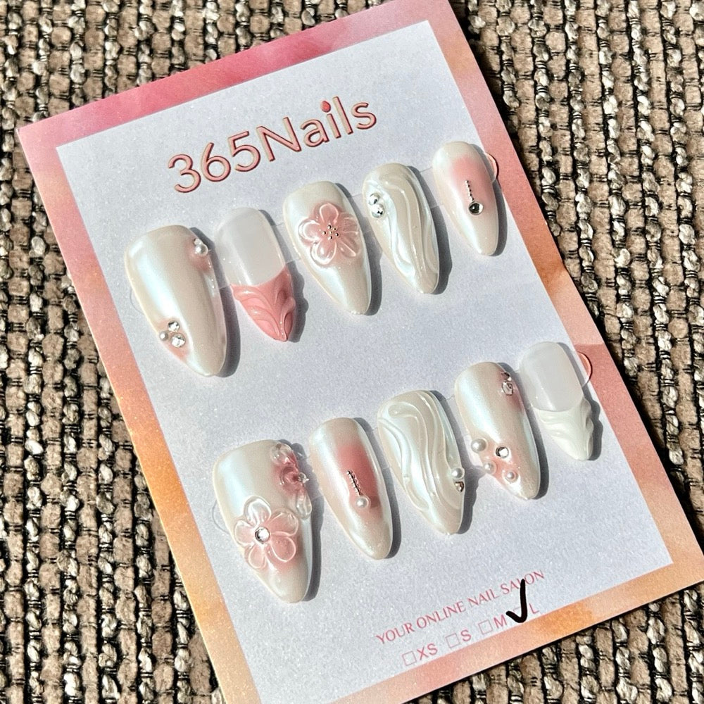 365nails: "Blush Pink Sakura Wave" – 3D Flower & Wave Handmade Medium Stiletto Press-On Nails