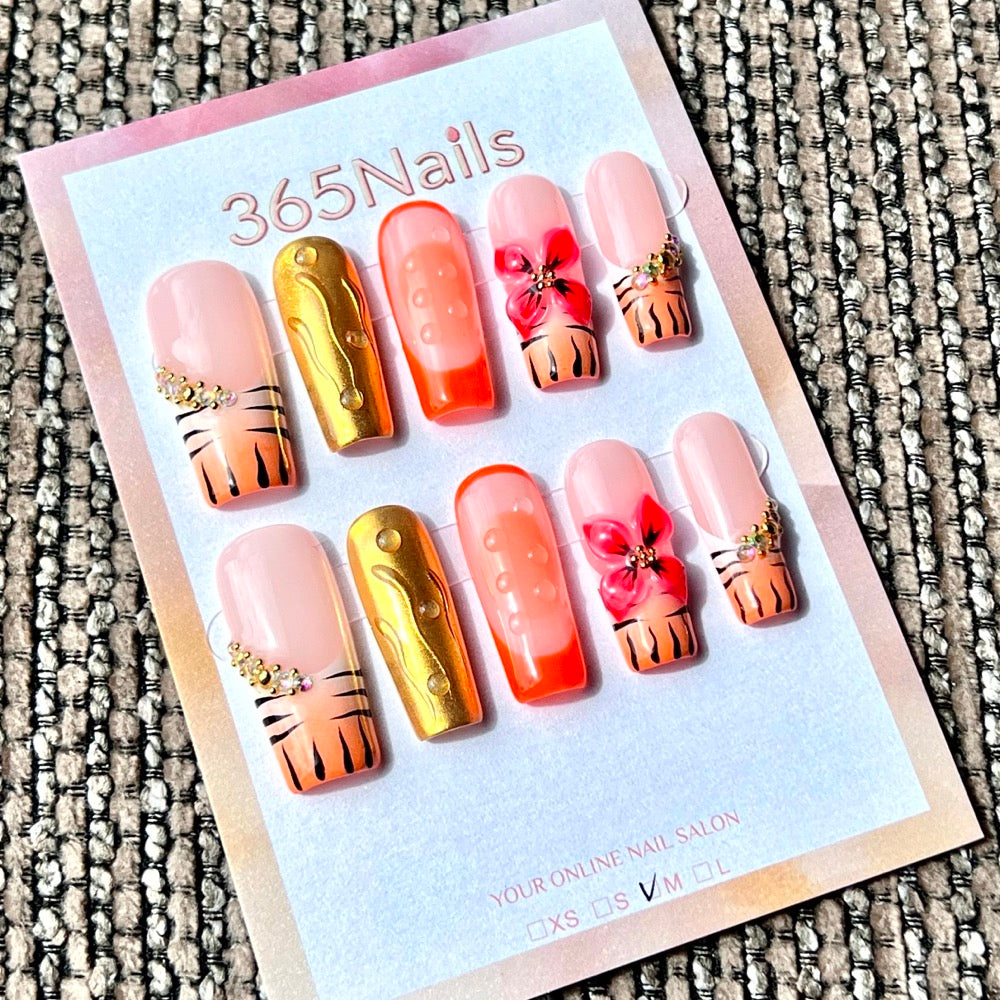 365nails: "Sunset Tiger Bloom" – Handmade Medium Square Press-On Nails