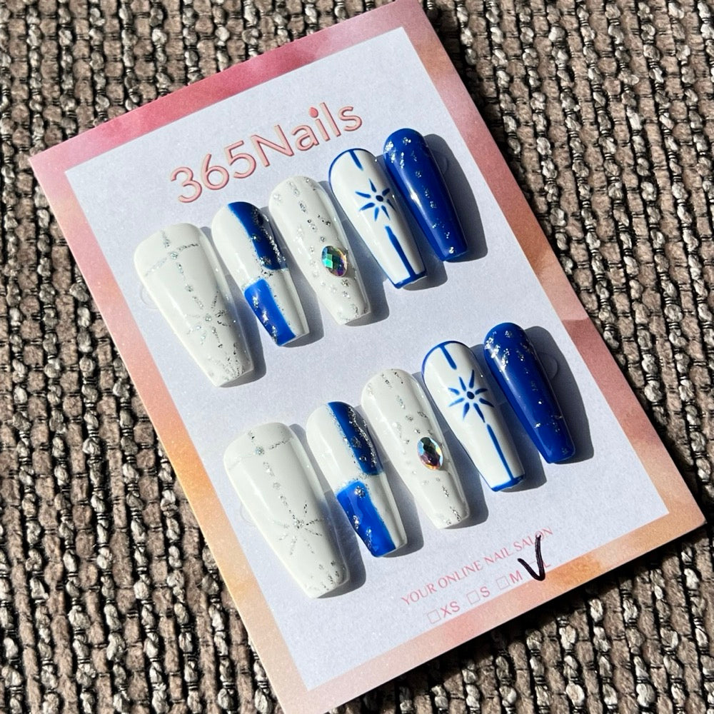 365nails: "Royal Starlight" – Blue Geometric Hand-Painted Handmade Press on Nails Long Almond Nails