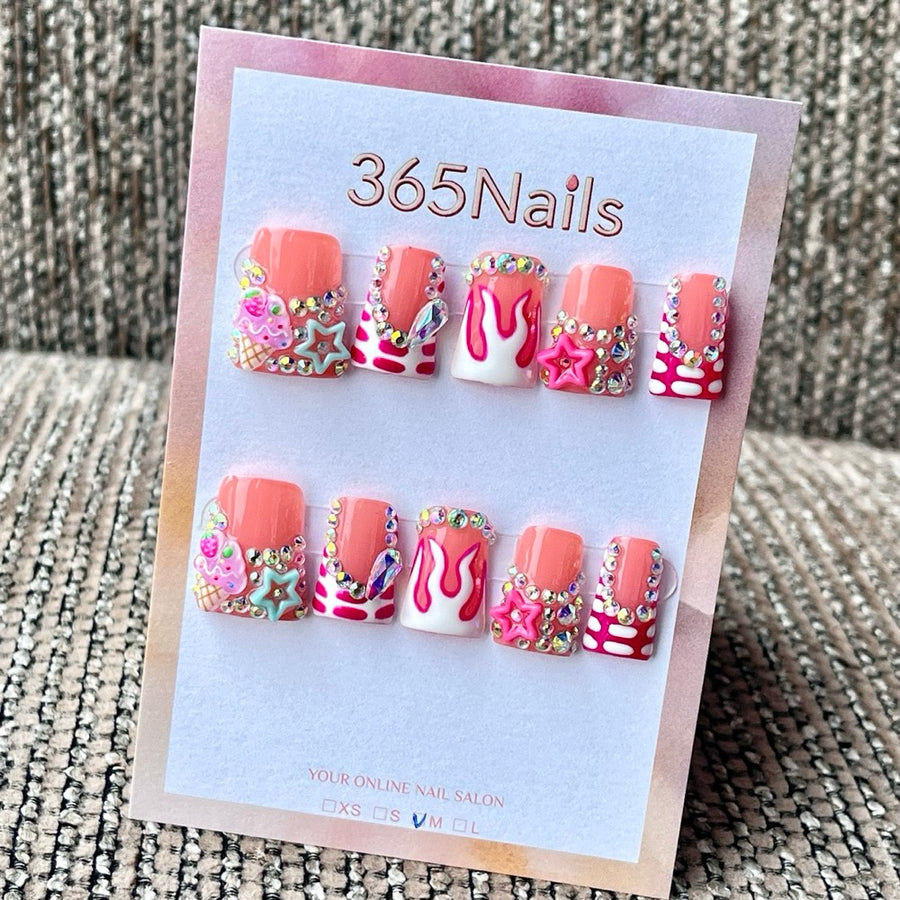 365nails: "Cute Y2K Ice Cream Star Flame Rhinestone" – Cartoon Handmade Medium Square Nails