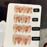 Peach Gold Glitter Floral Crystal Press On Nails