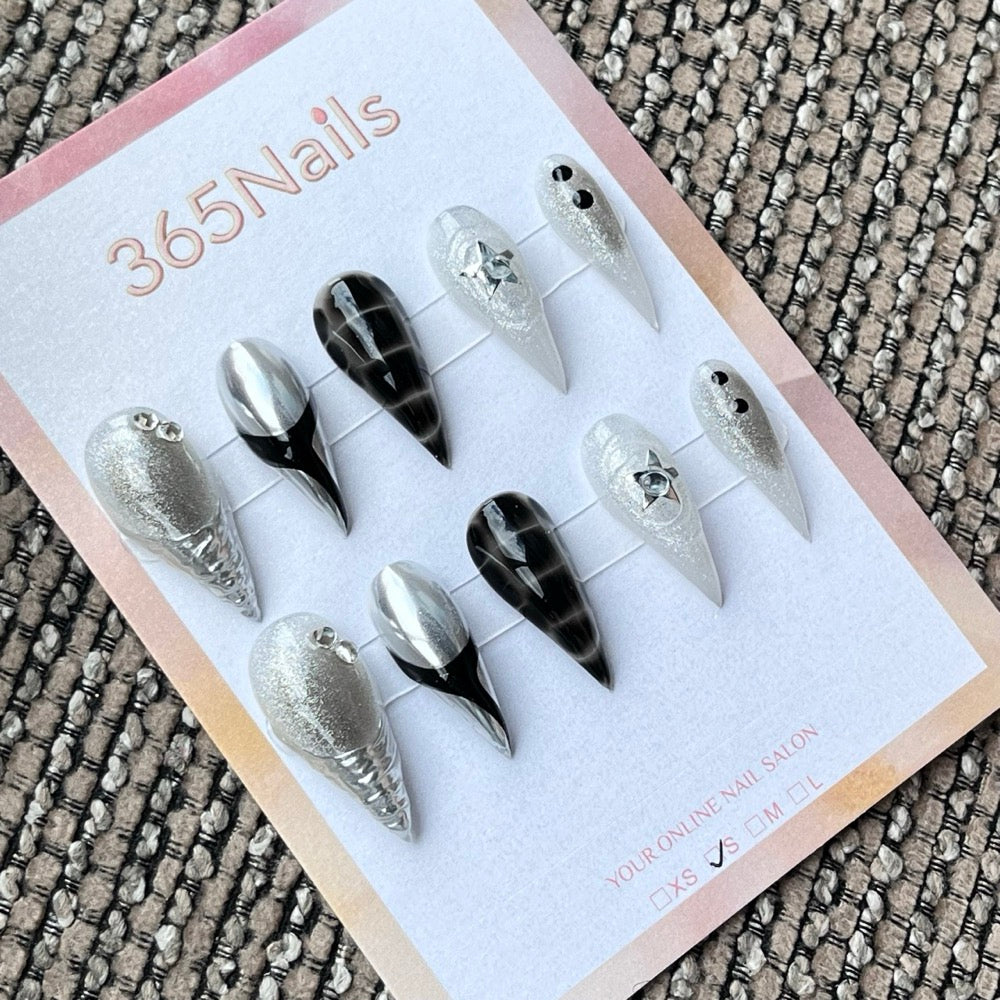 Glam Silver & Black Stiletto Press-On Nails with Charms