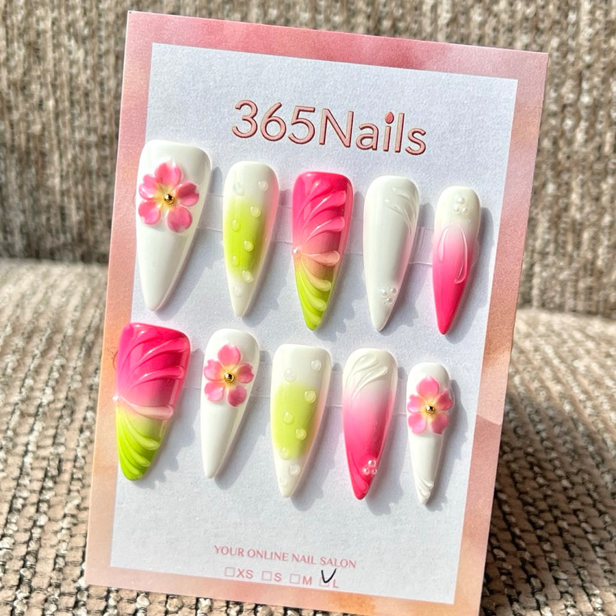365nails: 수제 미디엄 스틸레토형 프레스온 네일 — 화이트·핑크·그린 플라워 3D 믹스
