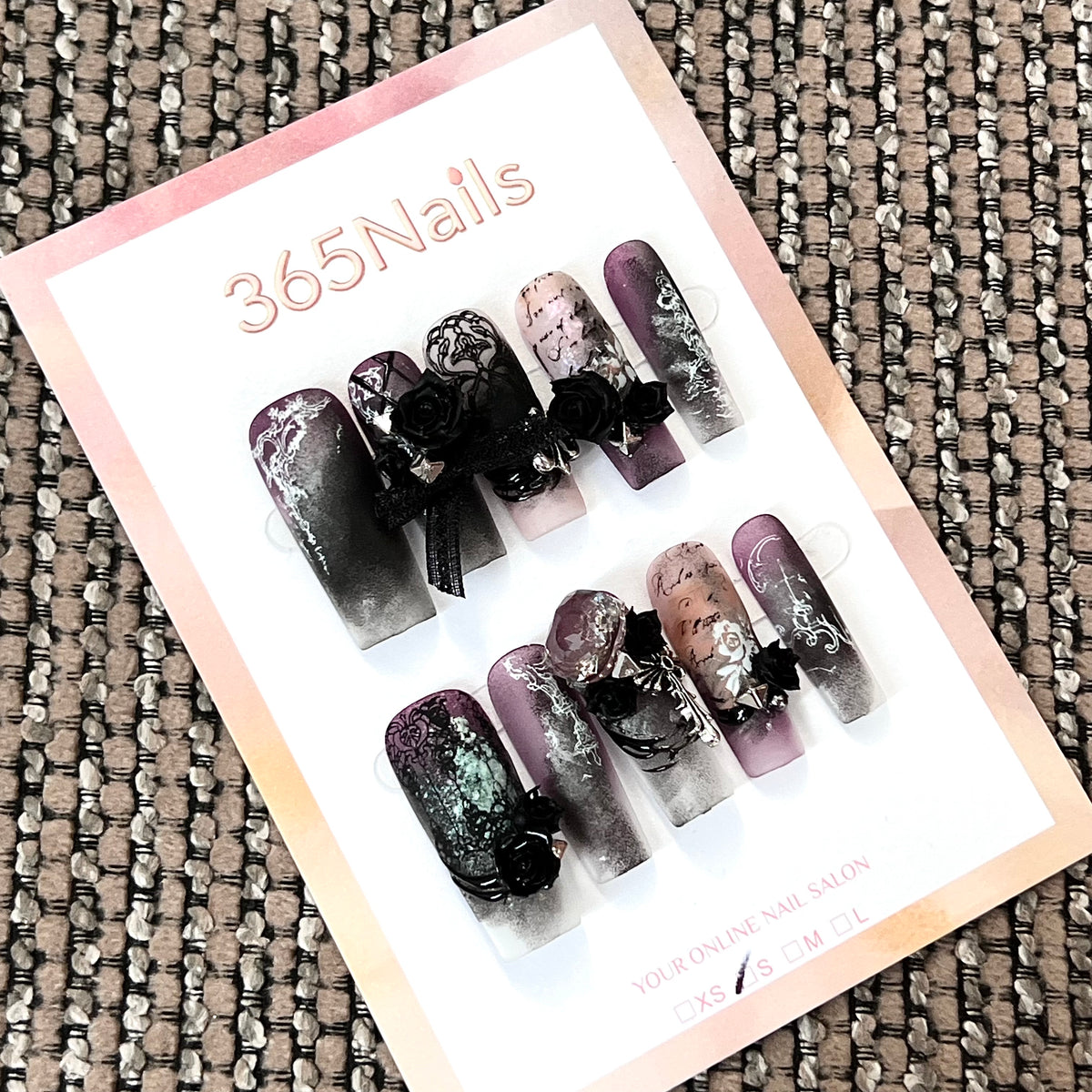Noir Rose Lace - Black Plum 3D Bow Press-On Nails