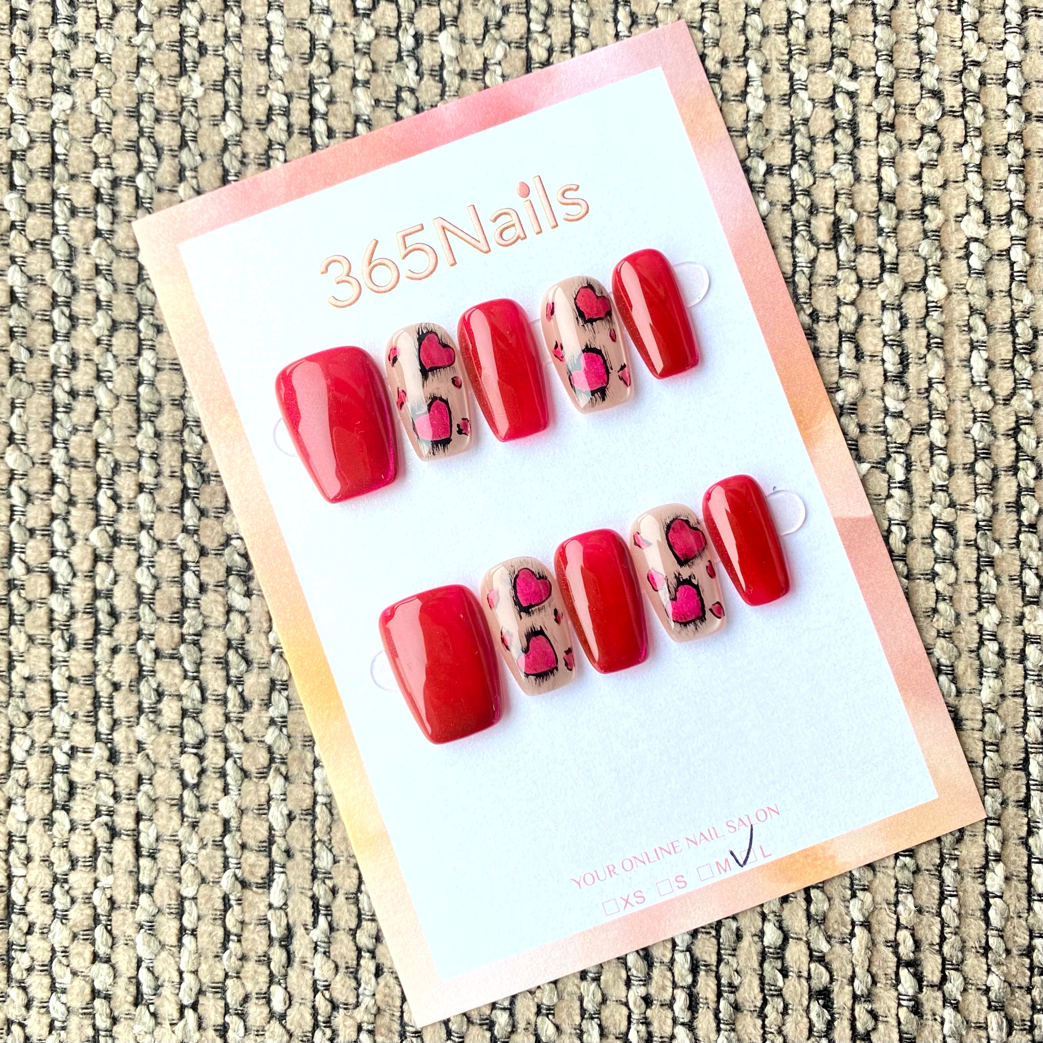 365nails: "Cherry Heart Leopard" – Hand-painted Animal Print Handmade Square Nails